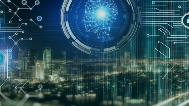 AI-generated image depicting AI and cybersecurity; includes electronic nodes, and outline of human brain and city at night