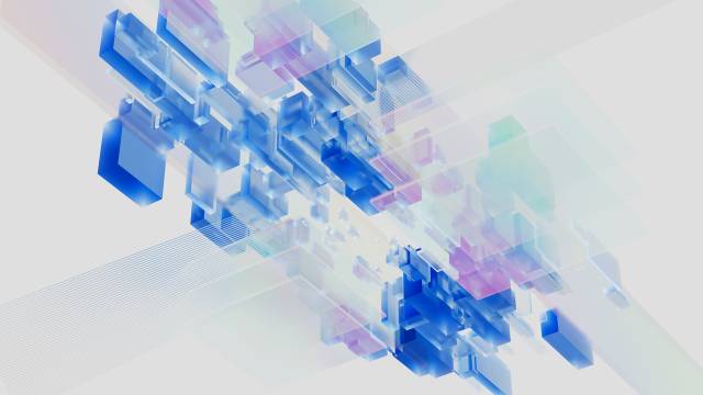 Visualisation of AI consisting of blue, white and pink blocks