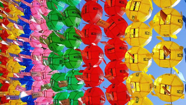 Colourful paper lanterns hanging in South Korean temple