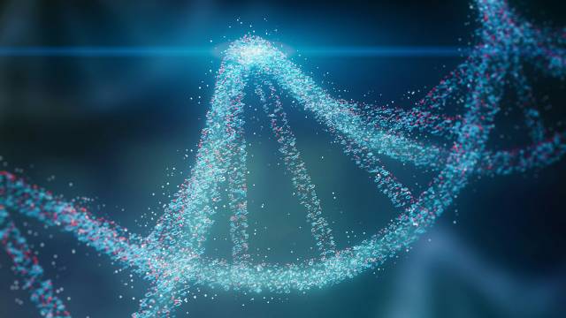 Glowing DNA helix made up of red and blue particles
